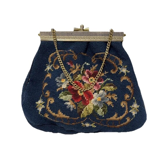 Vintage French Petit Point Tapestry Needlepoint Hand Bag Purse Carpet Bag 10”x9” - Picture 1 of 13